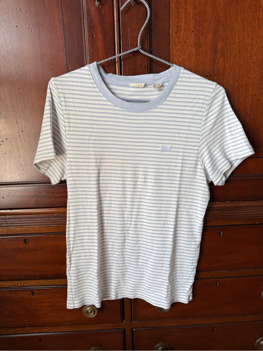 Levi's White and Light Blue Striped Crewneck Tee